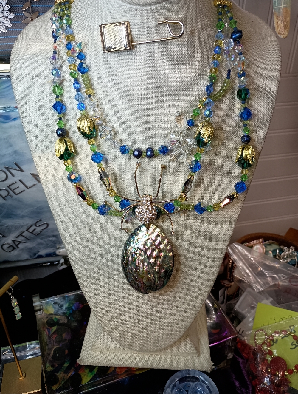 Crystal and Abalone Statement Necklace in Green and Blue